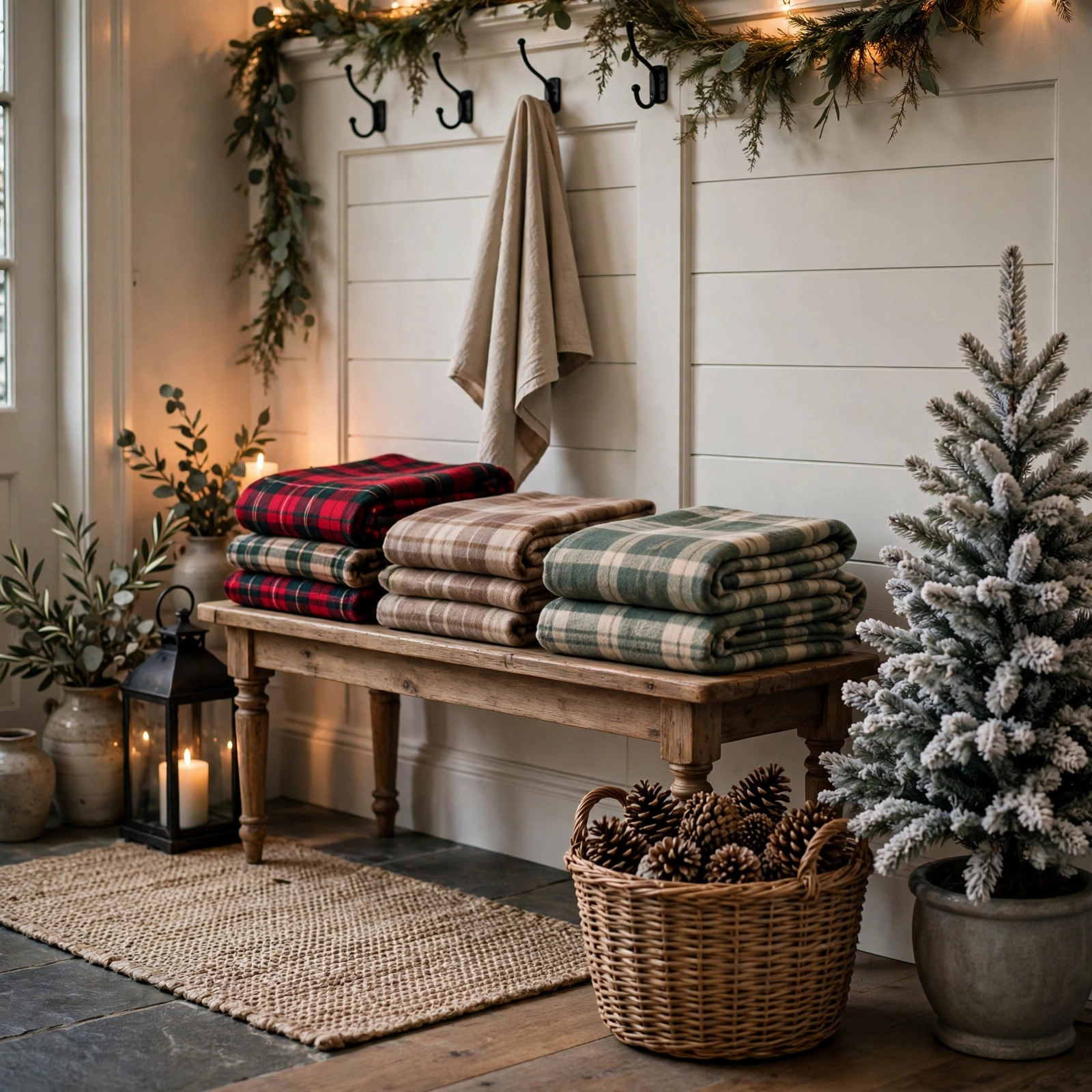 farmhouse christmas decor: entryway bench with plaid blankets and flocked tree