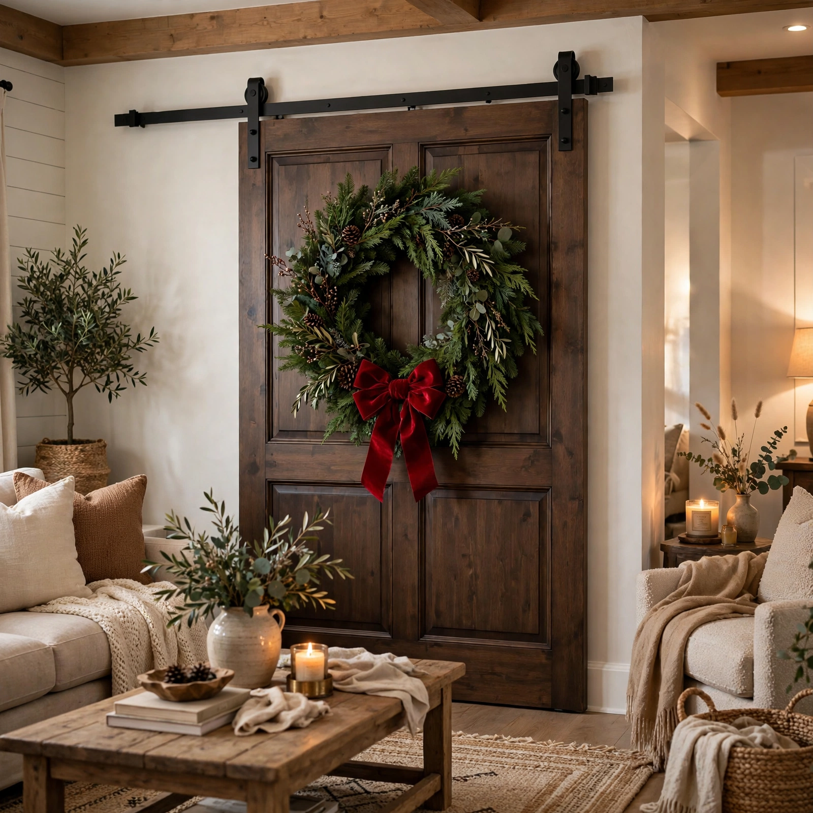 farmhouse christmas decor: barn door decorated with large evergreen wreath