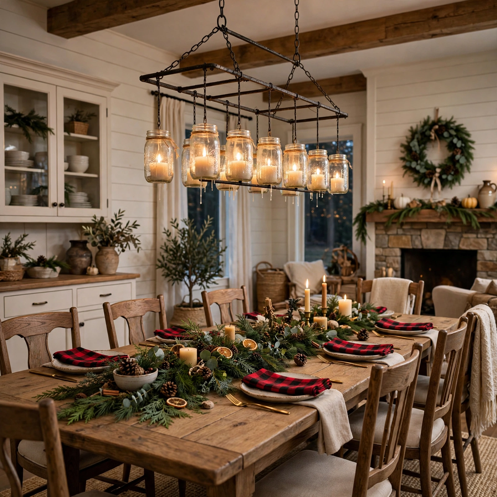 farmhouse christmas decor: farmhouse dining room with mason jar candle chandelier