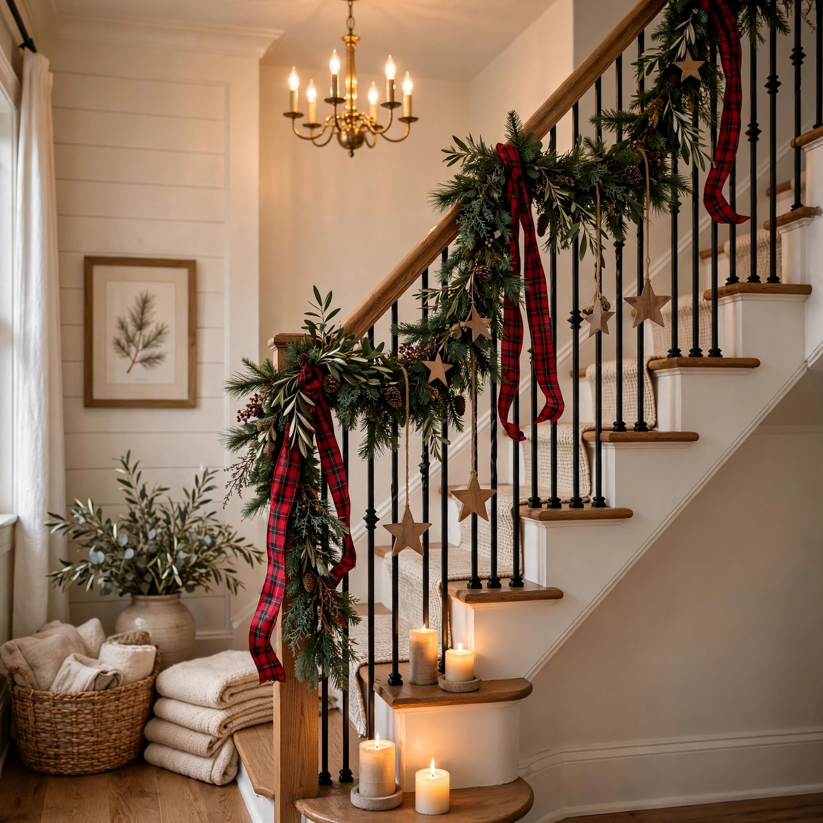 farmhouse christmas decor: staircase with pine garland and plaid ribbon