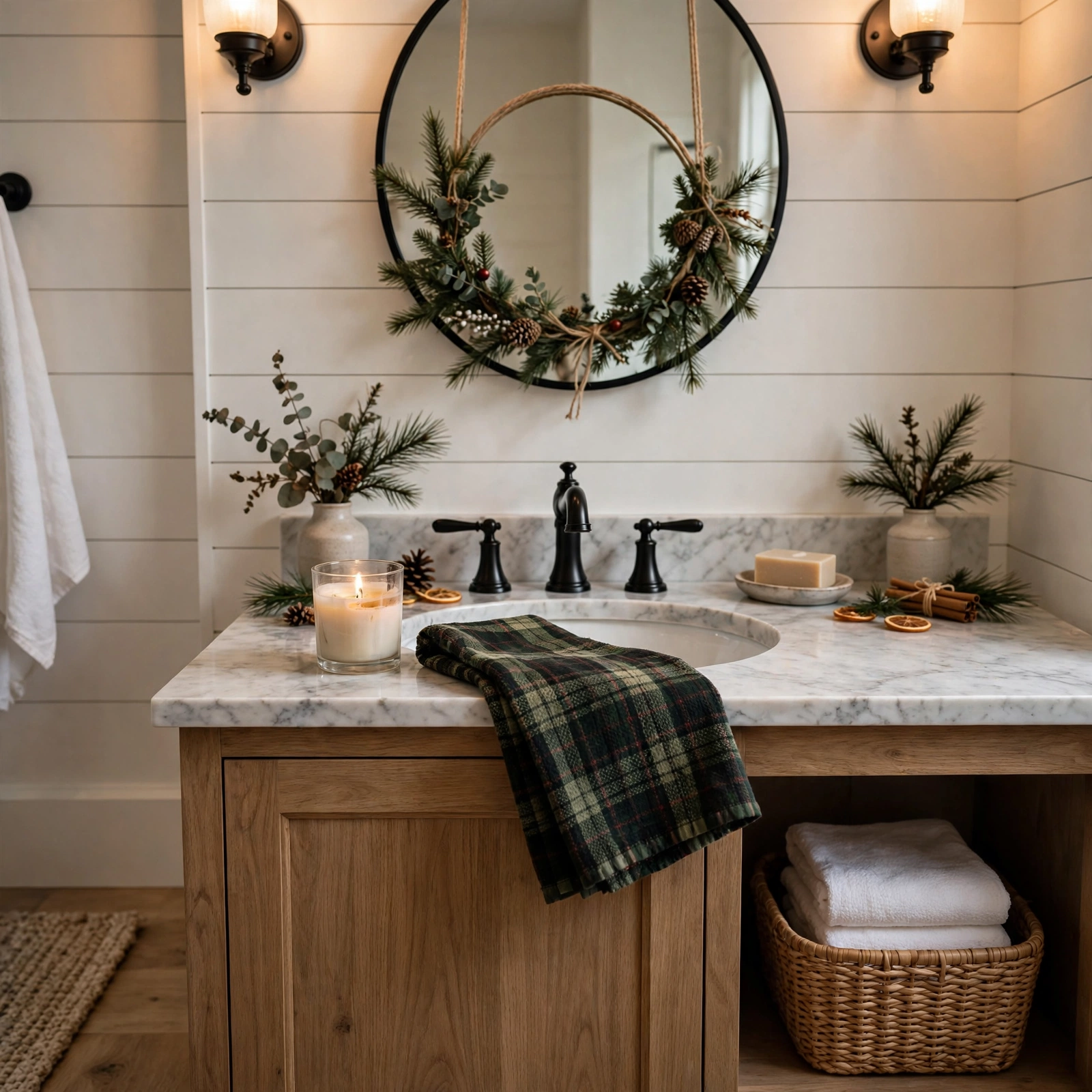 farmhouse christmas decor: farmhouse bathroom with mini wreath and plaid towel