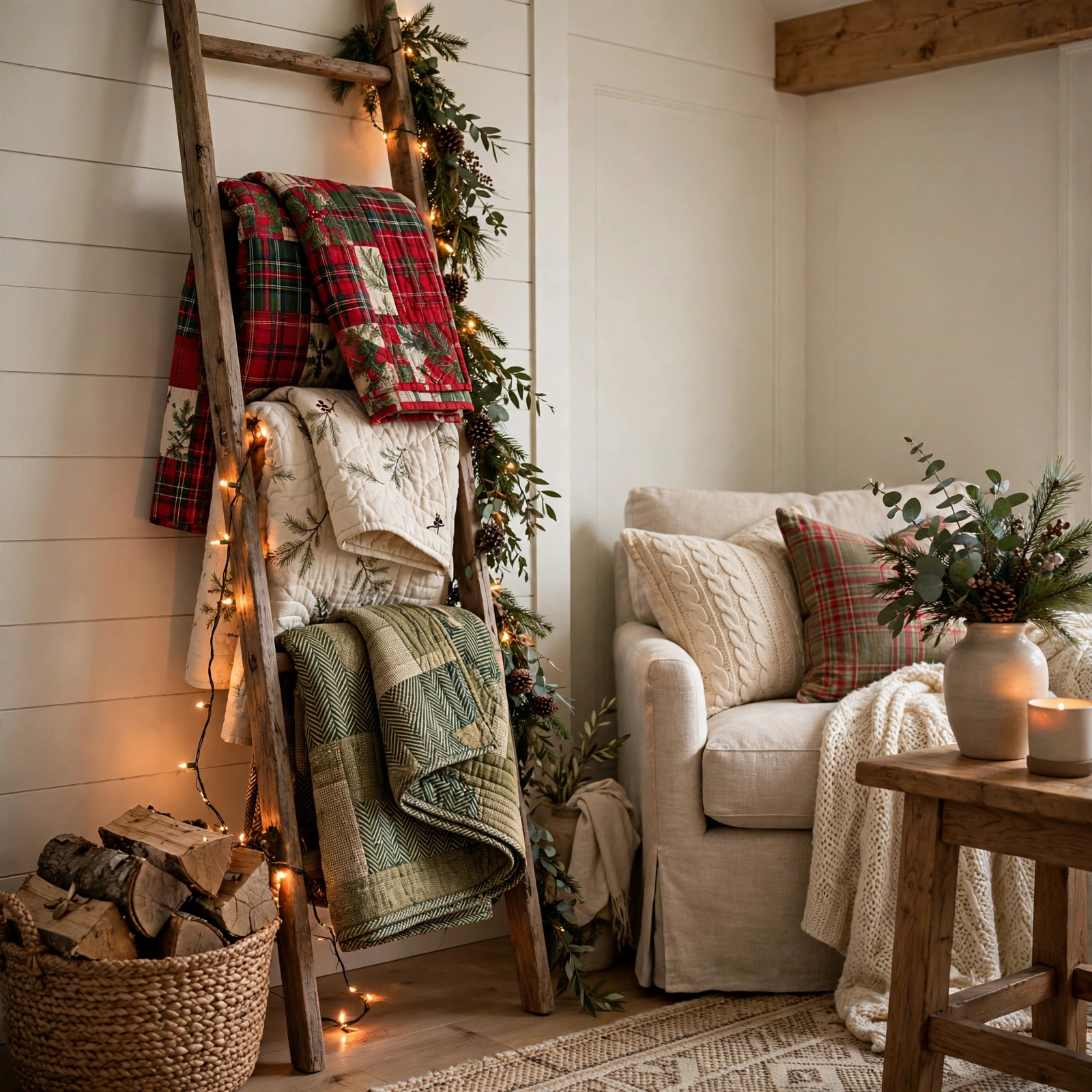farmhouse christmas decor: living room corner with blanket ladder and string lights
