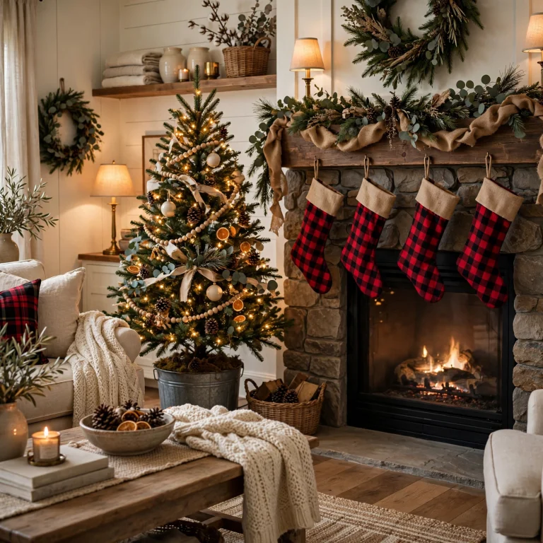 farmhouse christmas decor: warm farmhouse living room fully decorated for Christmas