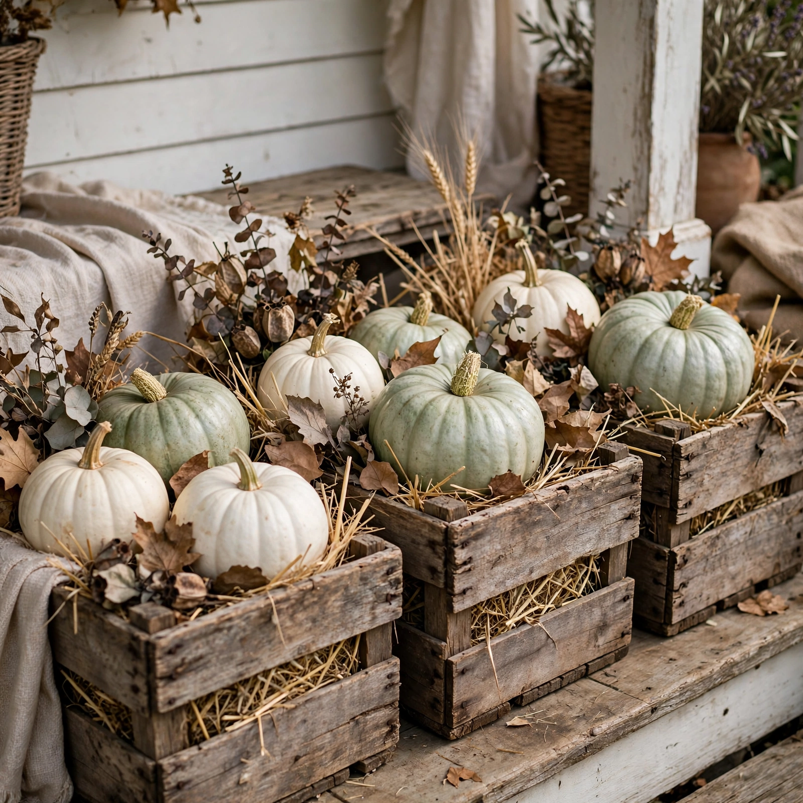 White pumpkin and wood crate display with straw on the porch, a farmhouse Halloween decor signature