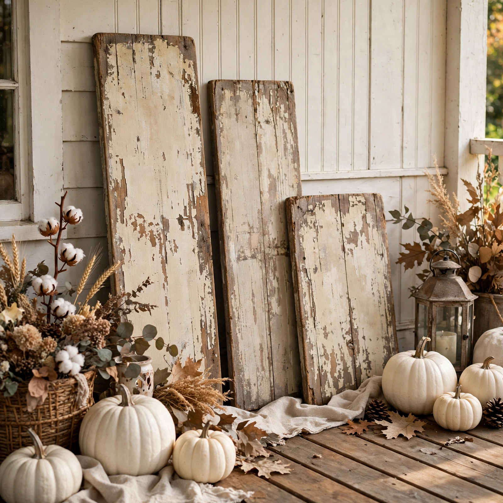 Vintage-style distressed wooden signs leaning on a porch wall, rustic farmhouse fall decor