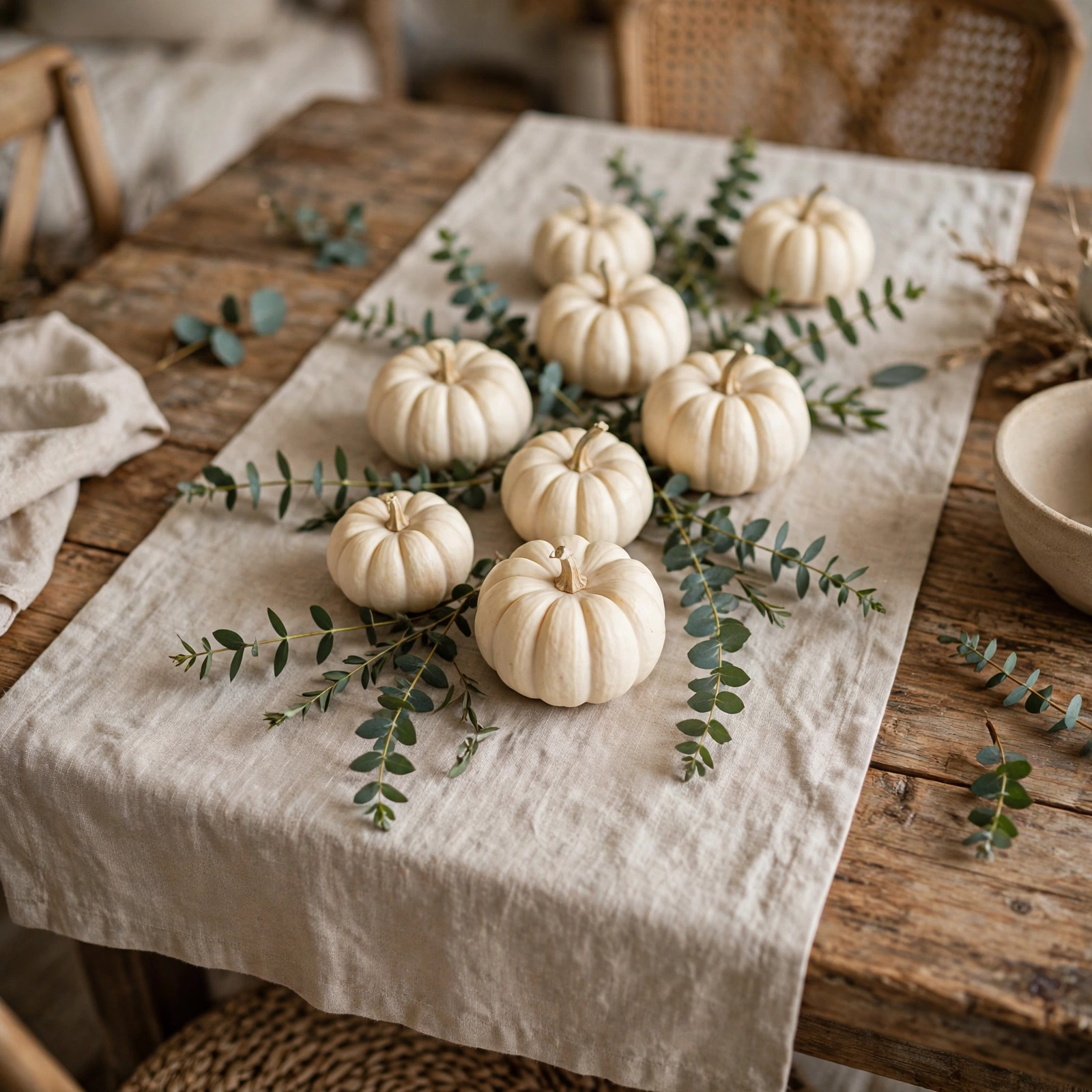 Linen table runner with mini white pumpkins and eucalyptus, elegant farmhouse fall decor