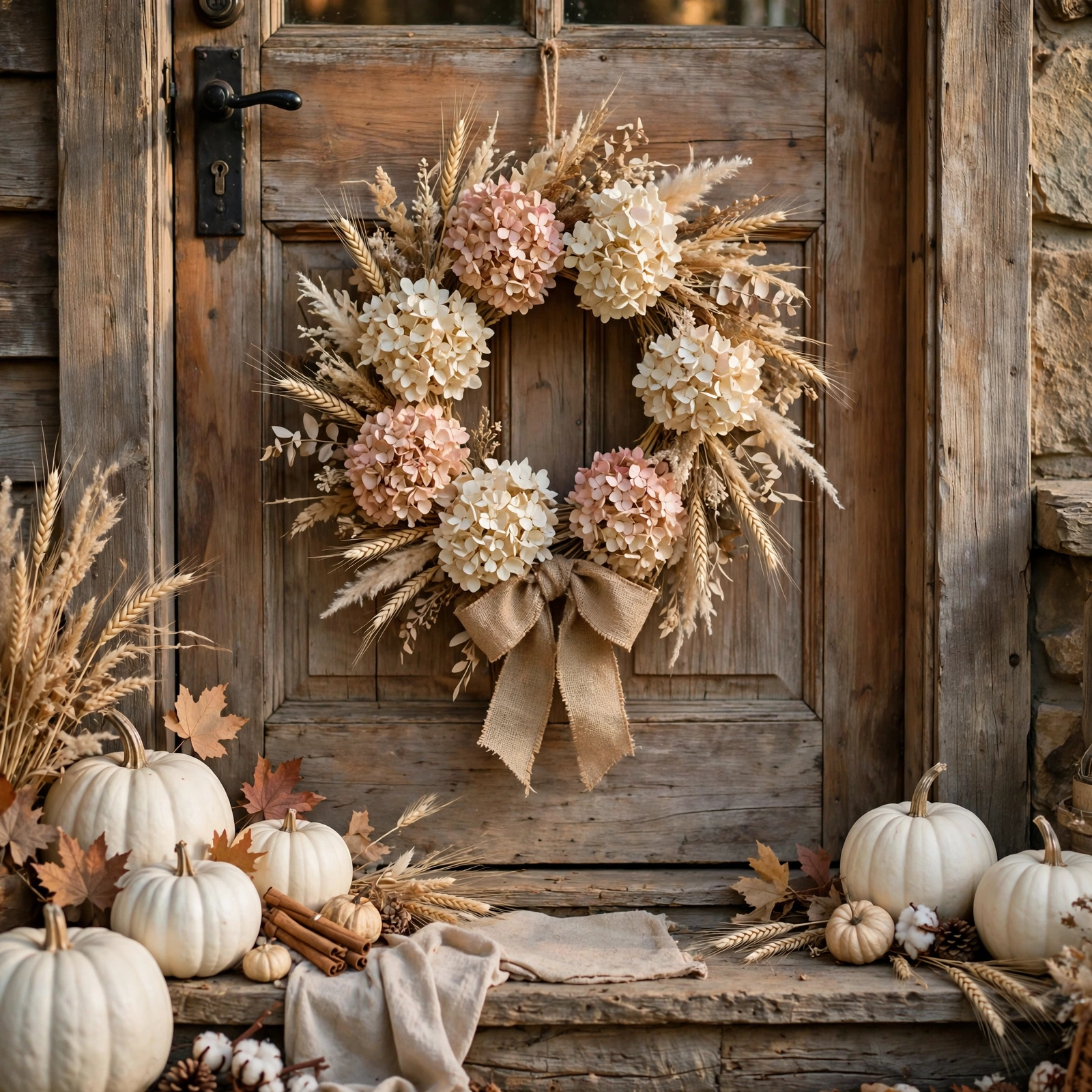 Dried hydrangea wreath with burlap bow on a farmhouse door, soft farmhouse Halloween decor
