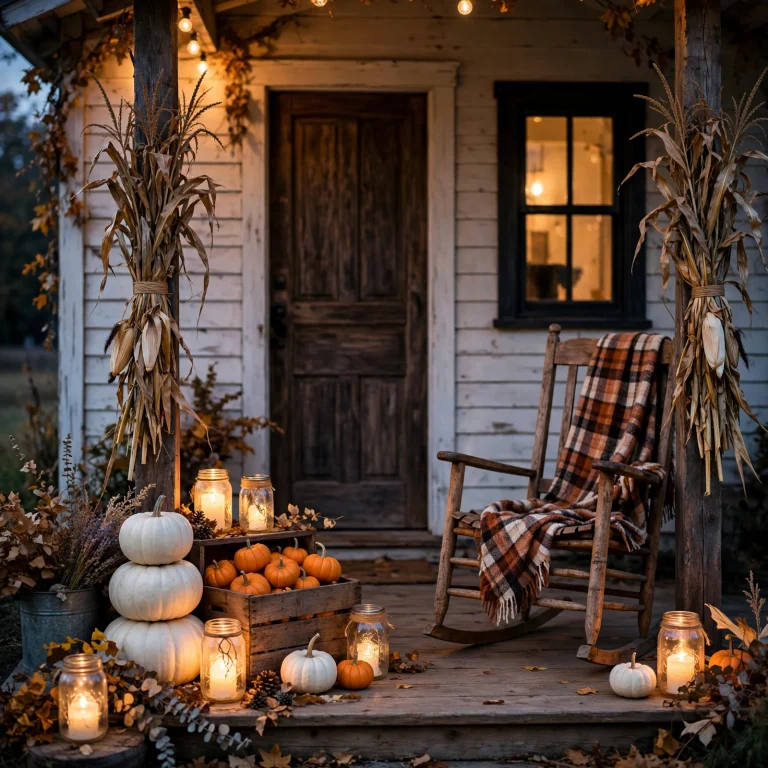 Farmhouse Halloween decor featured image: white pumpkins and mason jar lanterns on a rustic porch at dusk
