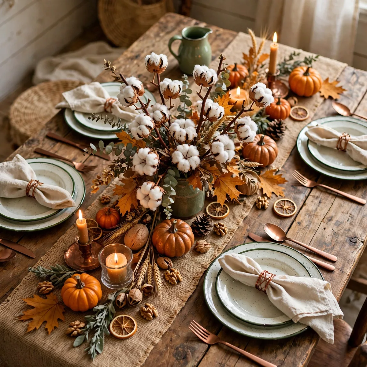Farmhouse Thanksgiving Decor: 12 Cozy Ideas Full of Rustic Charm 2 farmhouse thanksgiving decor - Rustic farmhouse Thanksgiving tablescape with burlap runner on a reclaimed wood table
