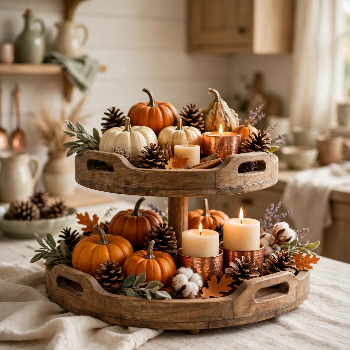 Farmhouse Thanksgiving Decor: 12 Cozy Ideas Full of Rustic Charm 9 farmhouse thanksgiving decor - Two-tiered wooden tray with mini pumpkins, pinecones, and candles in a farmhouse kitchen