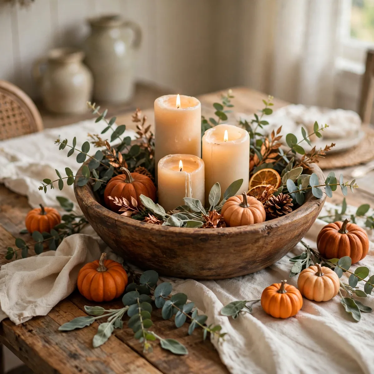 Farmhouse Thanksgiving Decor: 12 Cozy Ideas Full of Rustic Charm 11 farmhouse thanksgiving decor - Wooden dough bowl centerpiece with pillar candles, eucalyptus, and mini pumpkins