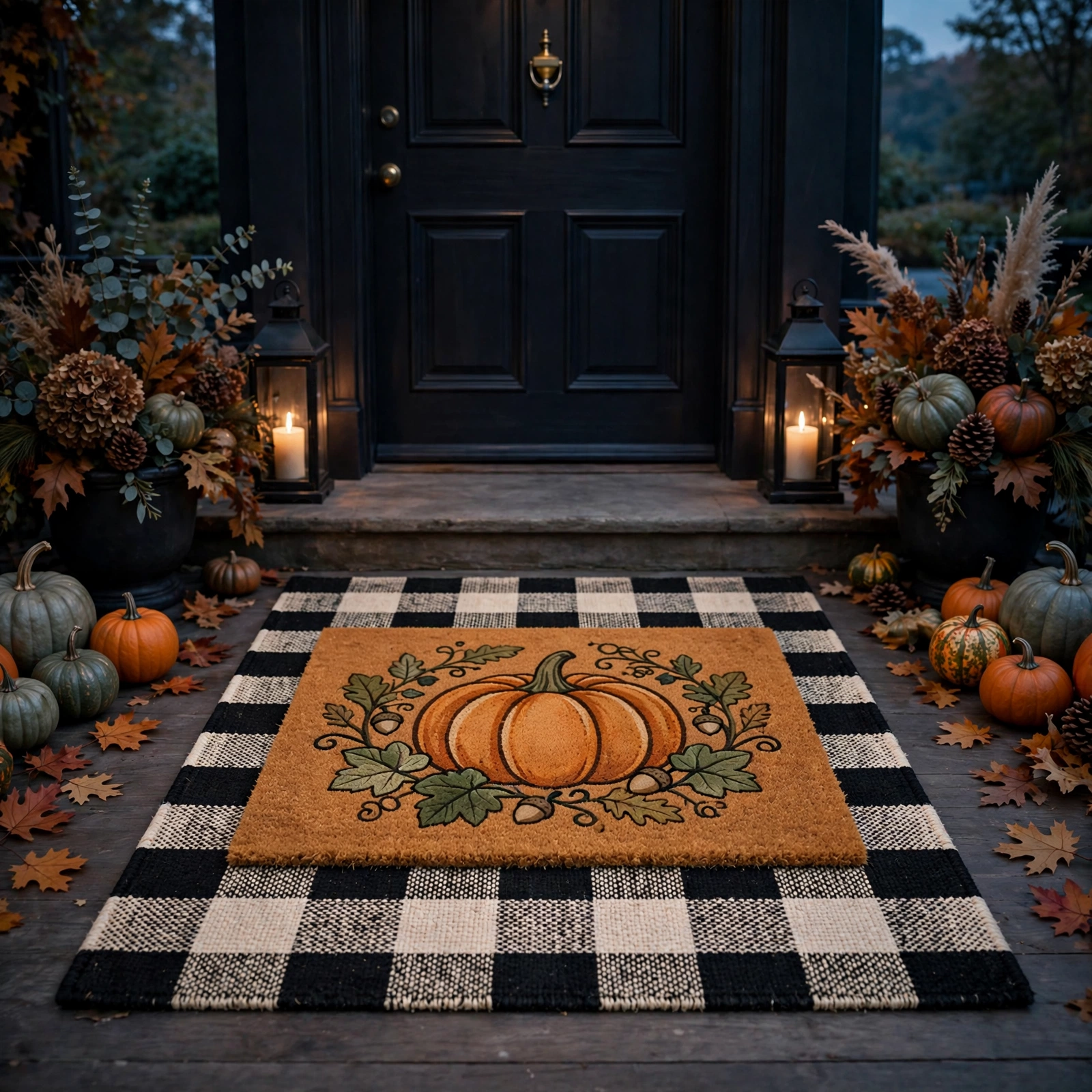 Layered doormats with buffalo check rug, easy Halloween porch decor layering