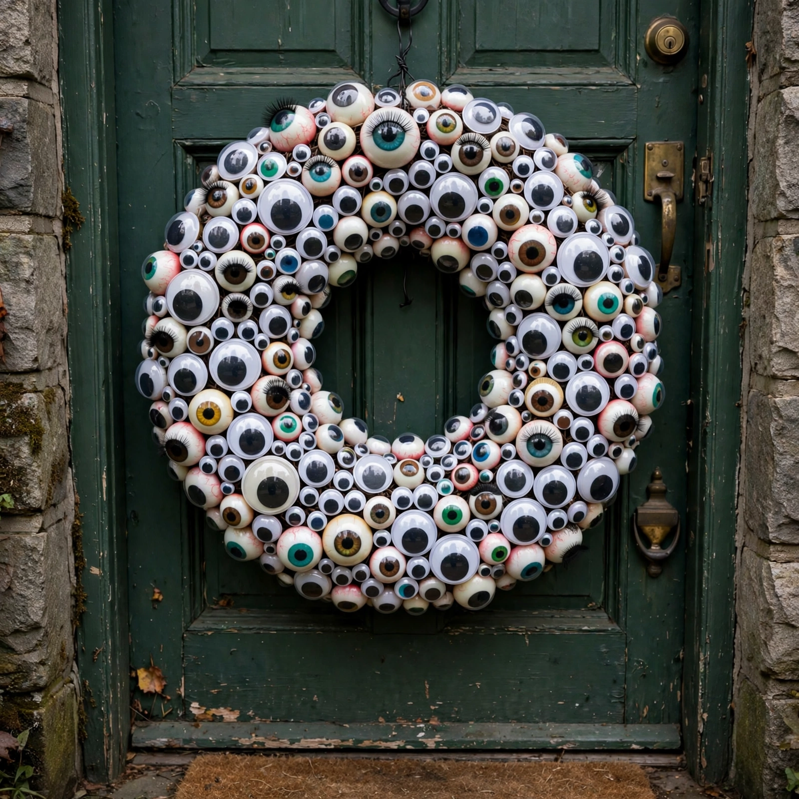 Eyeball wreath with googly eyes of all sizes, playful Halloween wreath ideas for the front door