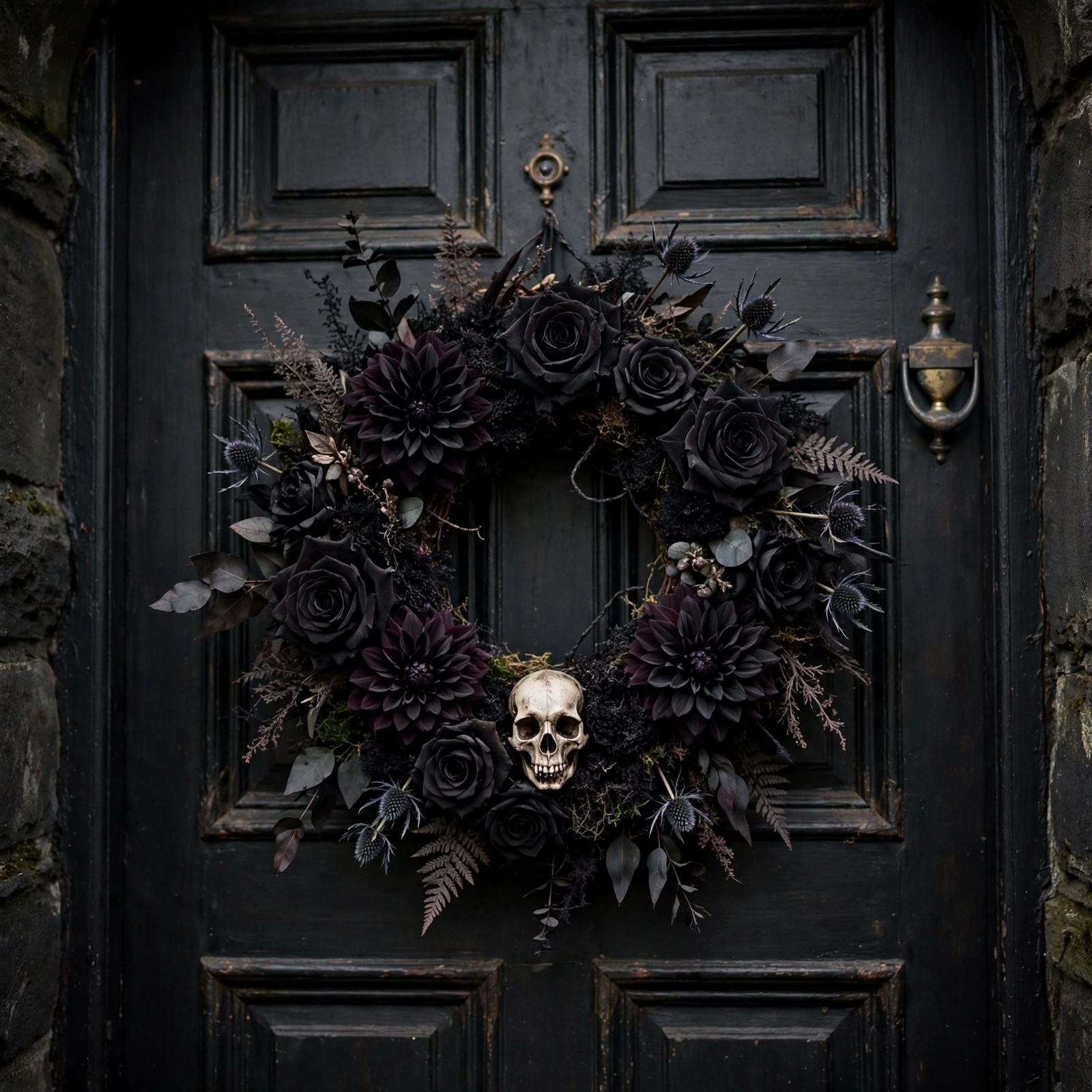 Black floral gothic wreath with dark roses, elegant Halloween door decorations for grown-ups
