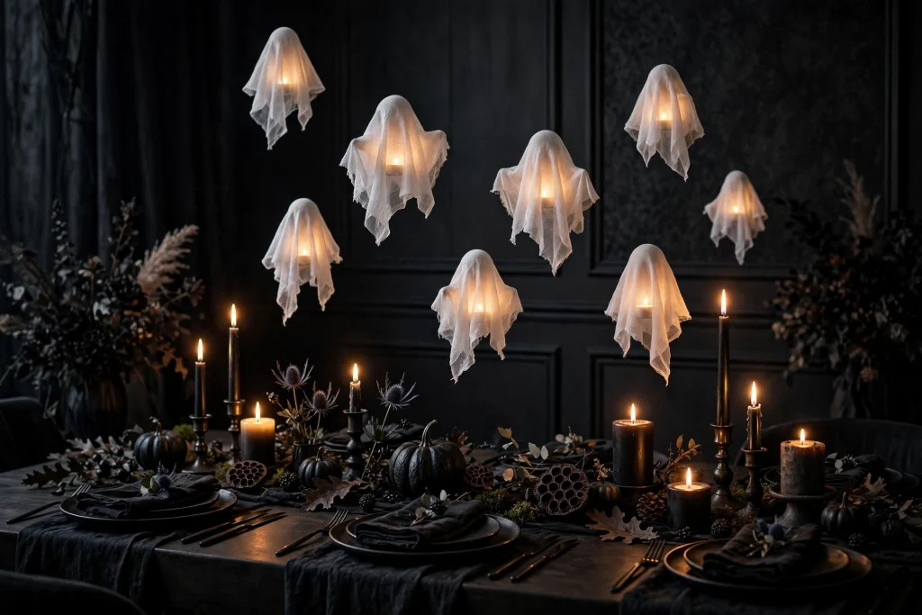 18 Unique Halloween Decor Ideas 2 Floating cheesecloth ghosts glowing above a dark Halloween dining table — unique Halloween decor ideas 2026