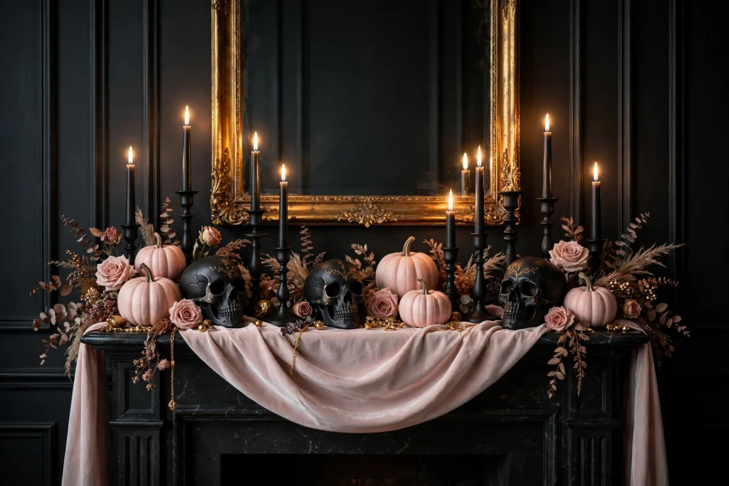 18 Unique Halloween Decor Ideas 3 Goth-glam Halloween mantel in black and blush with gold accents — Halloween decor ideas 2026