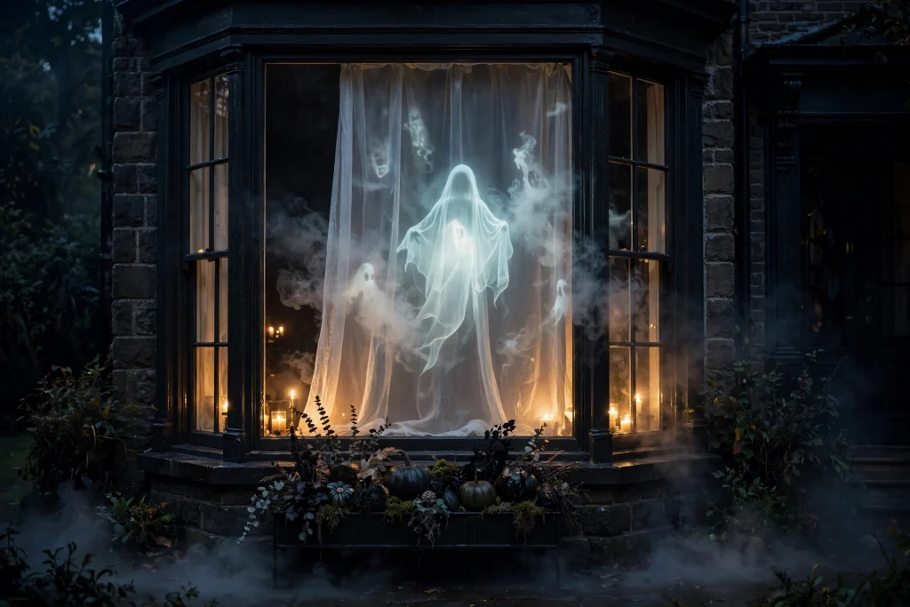 18 Unique Halloween Decor Ideas 4 Projection-mapped ghost silhouettes on a sheer curtain in a dark window — Halloween decor ideas 2026