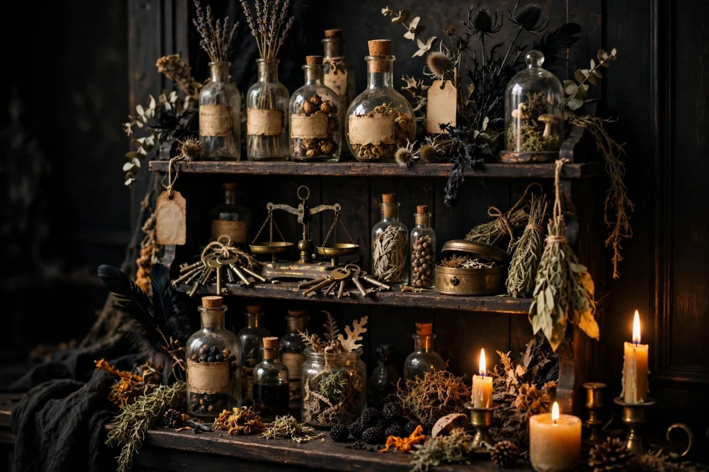 18 Unique Halloween Decor Ideas 5 Vintage apothecary shelf with potion bottles and dried herbs — Halloween decor ideas 2026