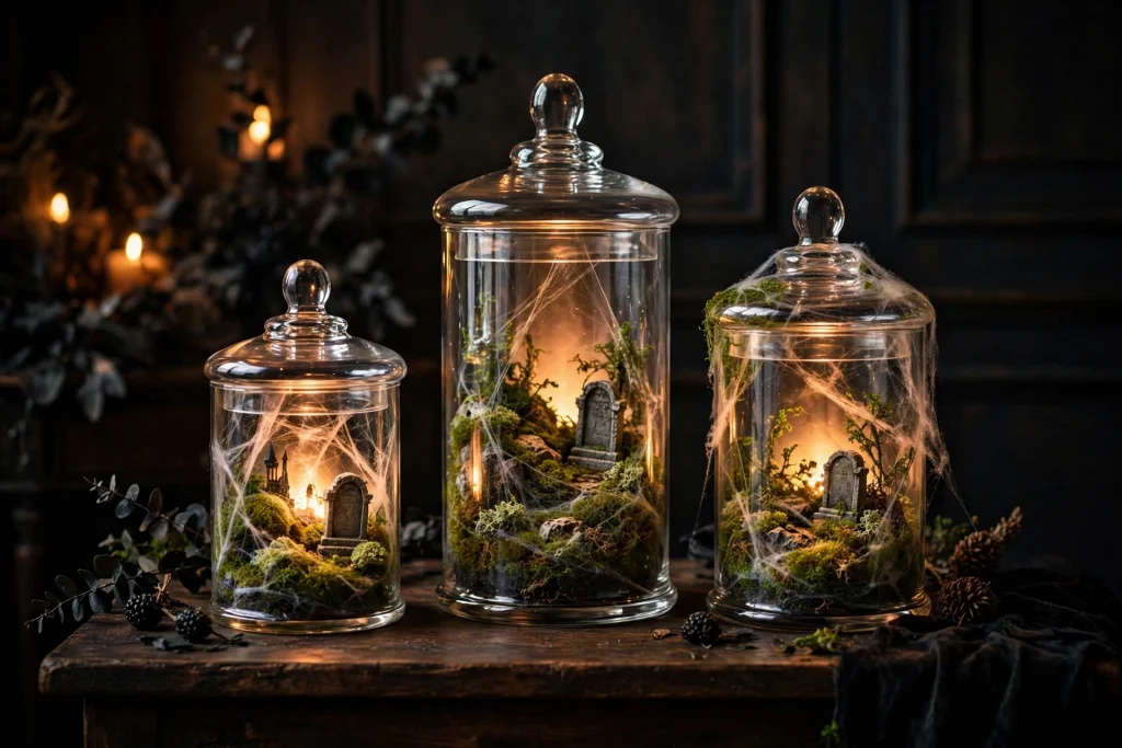 18 Unique Halloween Decor Ideas 6 Mossy haunted terrarium jars glowing on a side table — Halloween decor ideas 2026