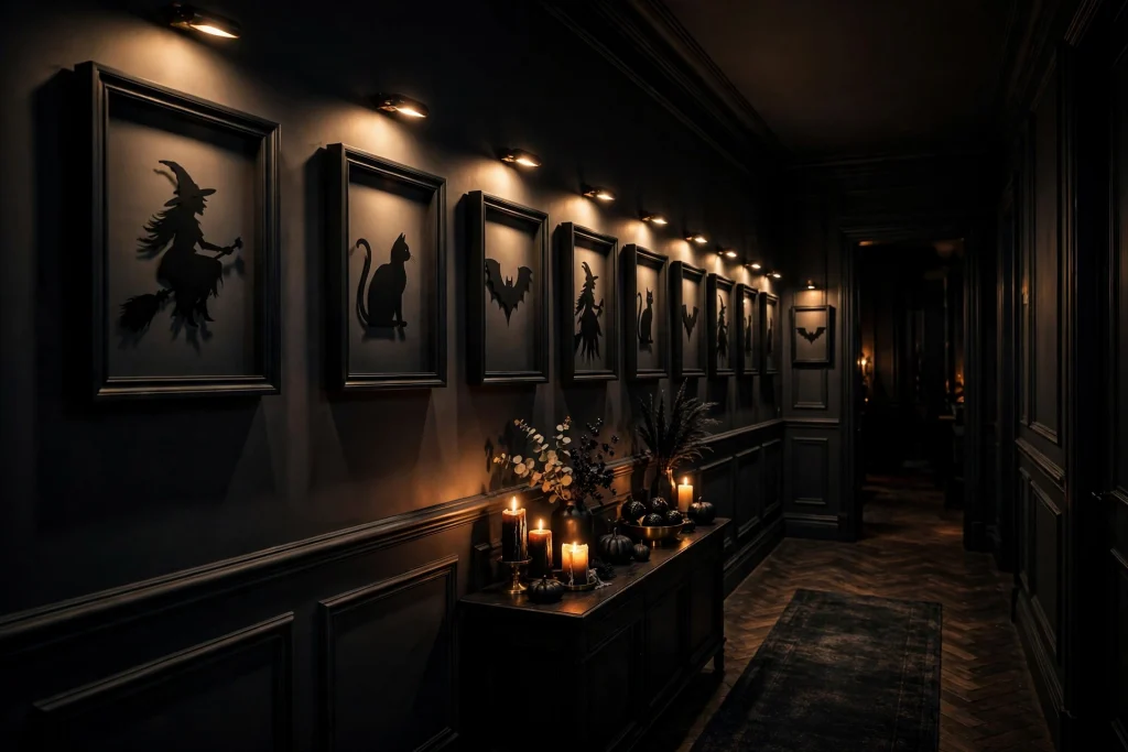 18 Unique Halloween Decor Ideas 7 Shadow-puppet Halloween gallery wall with lit silhouette frames — Halloween decor ideas 2026