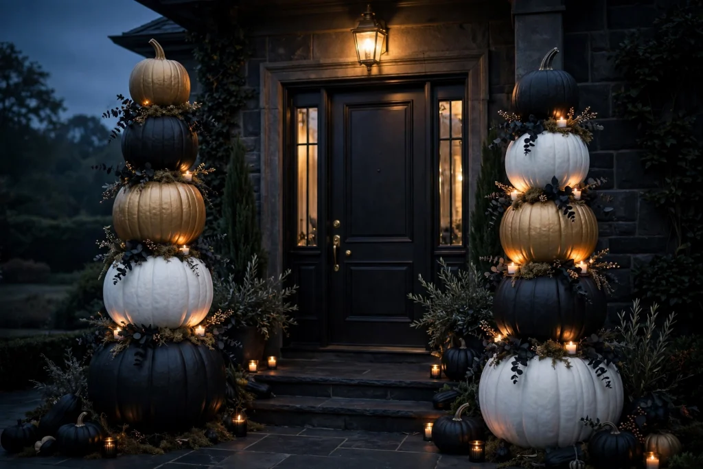 18 Unique Halloween Decor Ideas 8 Black, white and gold stacked pumpkin totem poles by a front door — Halloween decor ideas 2026
