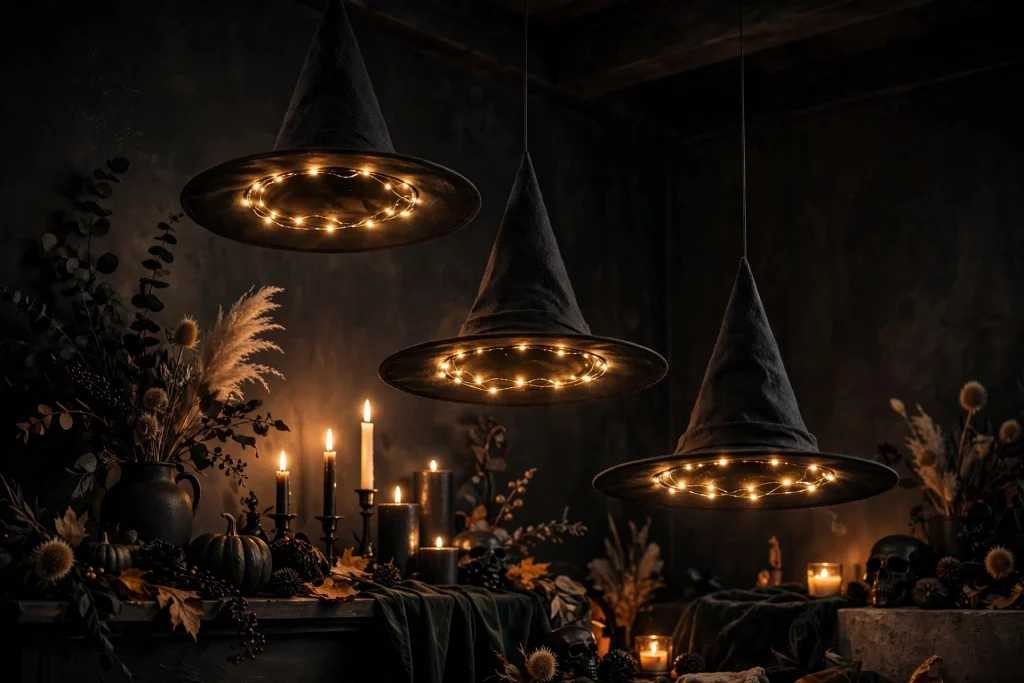 18 Unique Halloween Decor Ideas 9 Witch hat chandelier glowing with fairy lights — Halloween decor ideas 2026