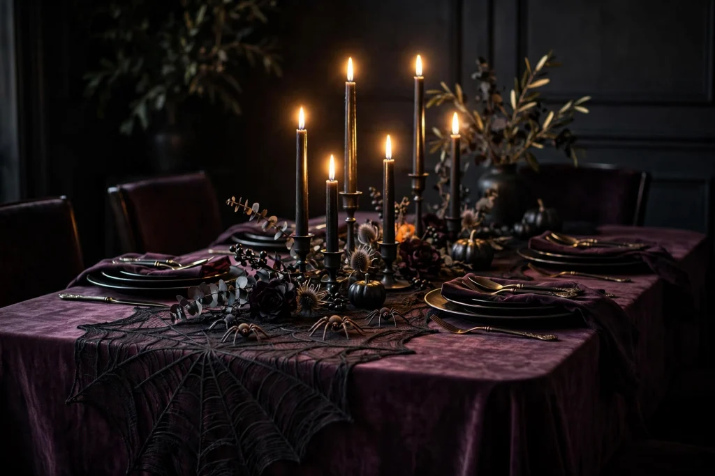 18 Unique Halloween Decor Ideas 10 Black lace spiderweb table runner over a plum cloth with black candles — Halloween decor ideas 2026