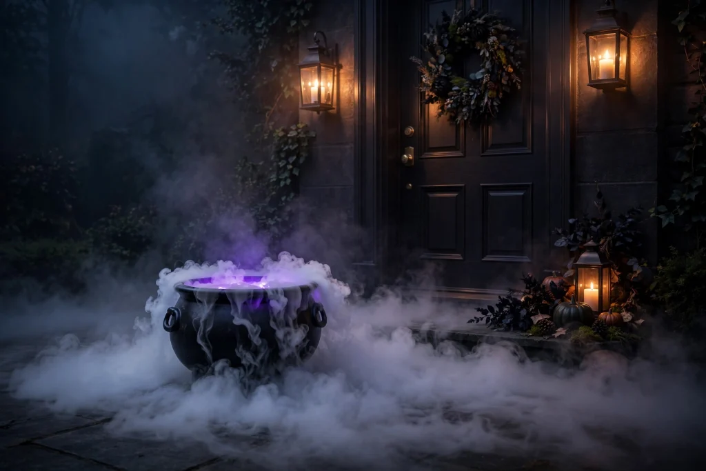 18 Unique Halloween Decor Ideas 11 Fog-breathing cauldron with purple light by a front door — Halloween decor ideas 2026