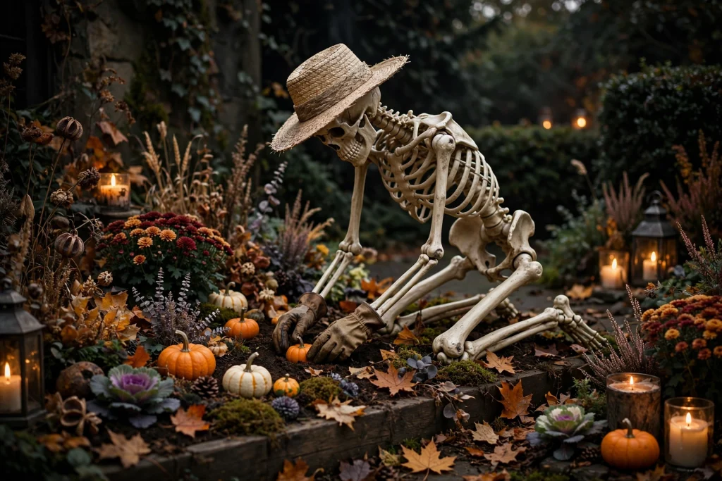 18 Unique Halloween Decor Ideas 12 Skeleton gardener planting mini pumpkins — funny Halloween decor ideas 2026