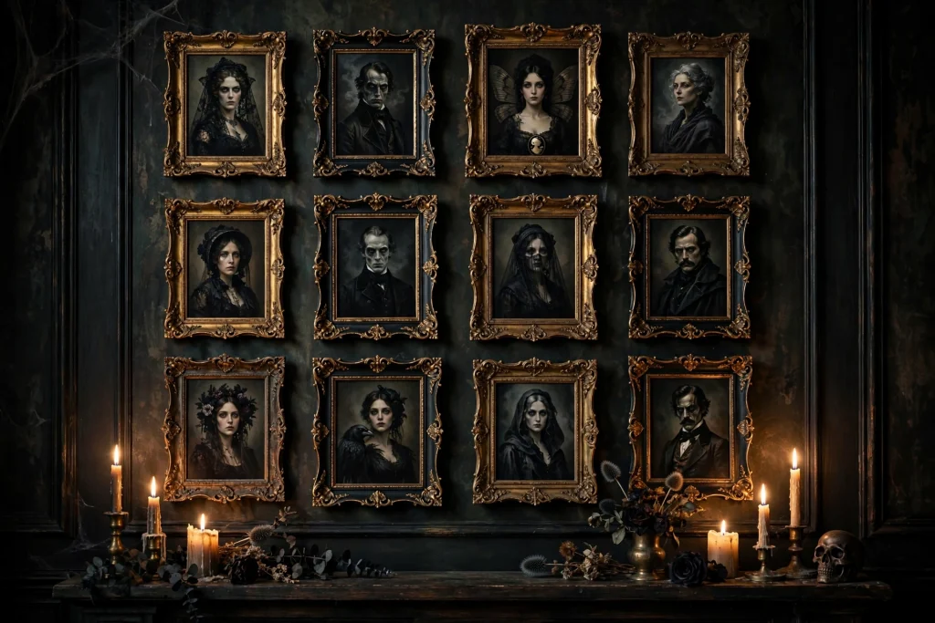 18 Unique Halloween Decor Ideas 13 Spooky swapped-portrait gallery wall in vintage frames — Halloween decor ideas 2026