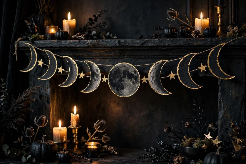 18 Unique Halloween Decor Ideas 14 Charcoal and gold moon-phase paper garland on a mantel — Halloween decor ideas 2026