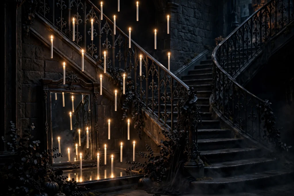 18 Unique Halloween Decor Ideas 15 Floating LED candles drifting up a dark staircase — Halloween decor ideas 2026