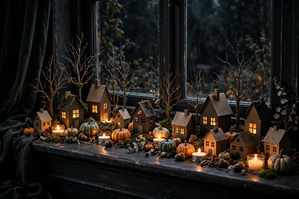 18 Unique Halloween Decor Ideas 16 Miniature glowing pumpkin village on a windowsill — Halloween decor ideas 2026