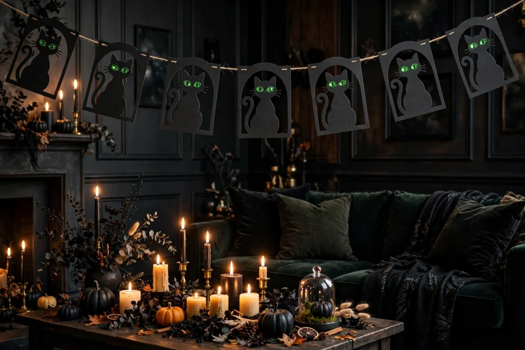 18 Unique Halloween Decor Ideas 17 Black cat silhouette garland with green rhinestone eyes — Halloween decor ideas 2026