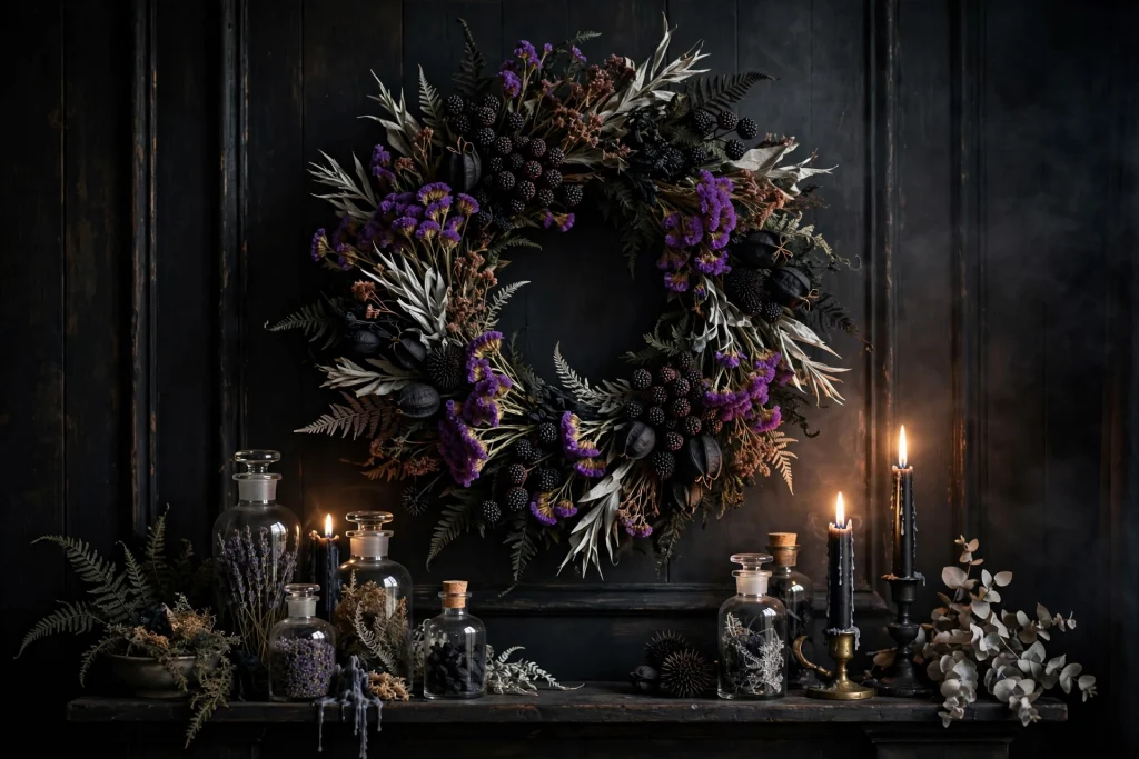 18 Unique Halloween Decor Ideas 18 Dark botanical dried-flower wreath on a wall — Halloween decor ideas 2026