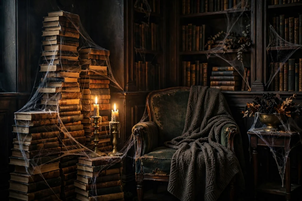 18 Unique Halloween Decor Ideas 19 Candlelit abandoned-library reading nook with cobwebs — Halloween decor ideas 2026