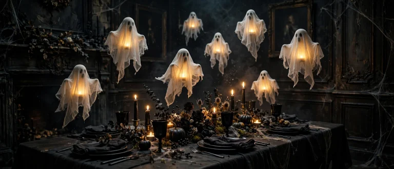 Floating cheesecloth ghost canopy glowing above a dark dining table — unique Halloween decor ideas 2026
