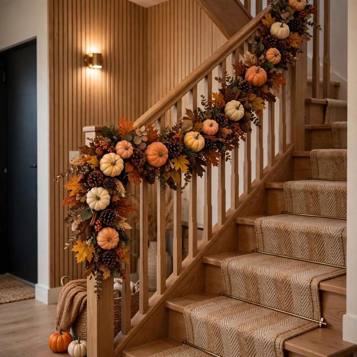 Pumpkin and pinecone staircase Thanksgiving garland ideas