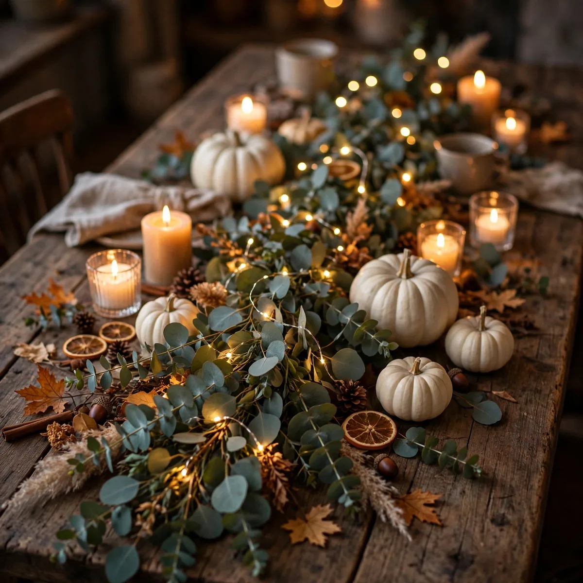 Eucalyptus and fairy light table Thanksgiving garland ideas