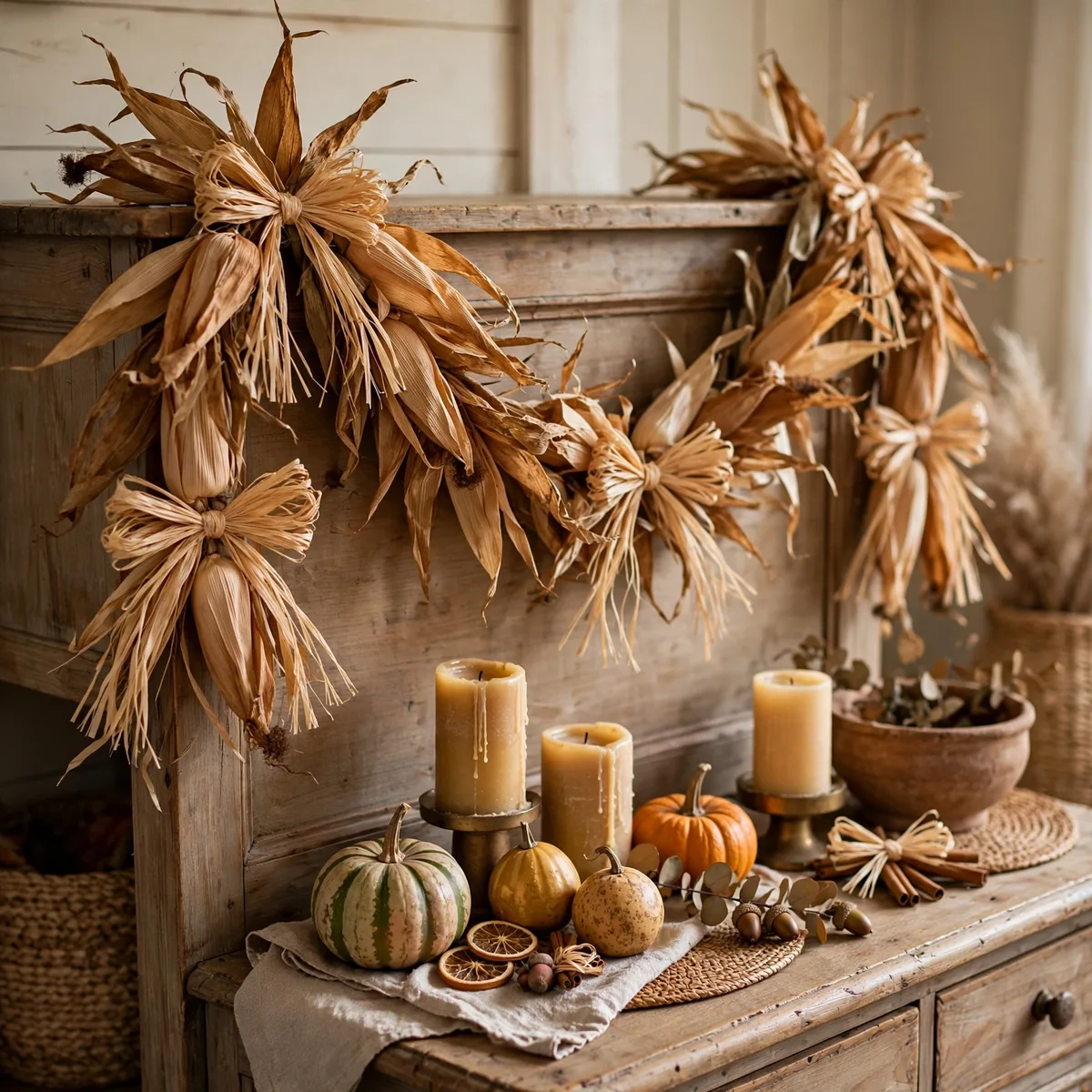 Corn husk and raffia rustic Thanksgiving garland ideas