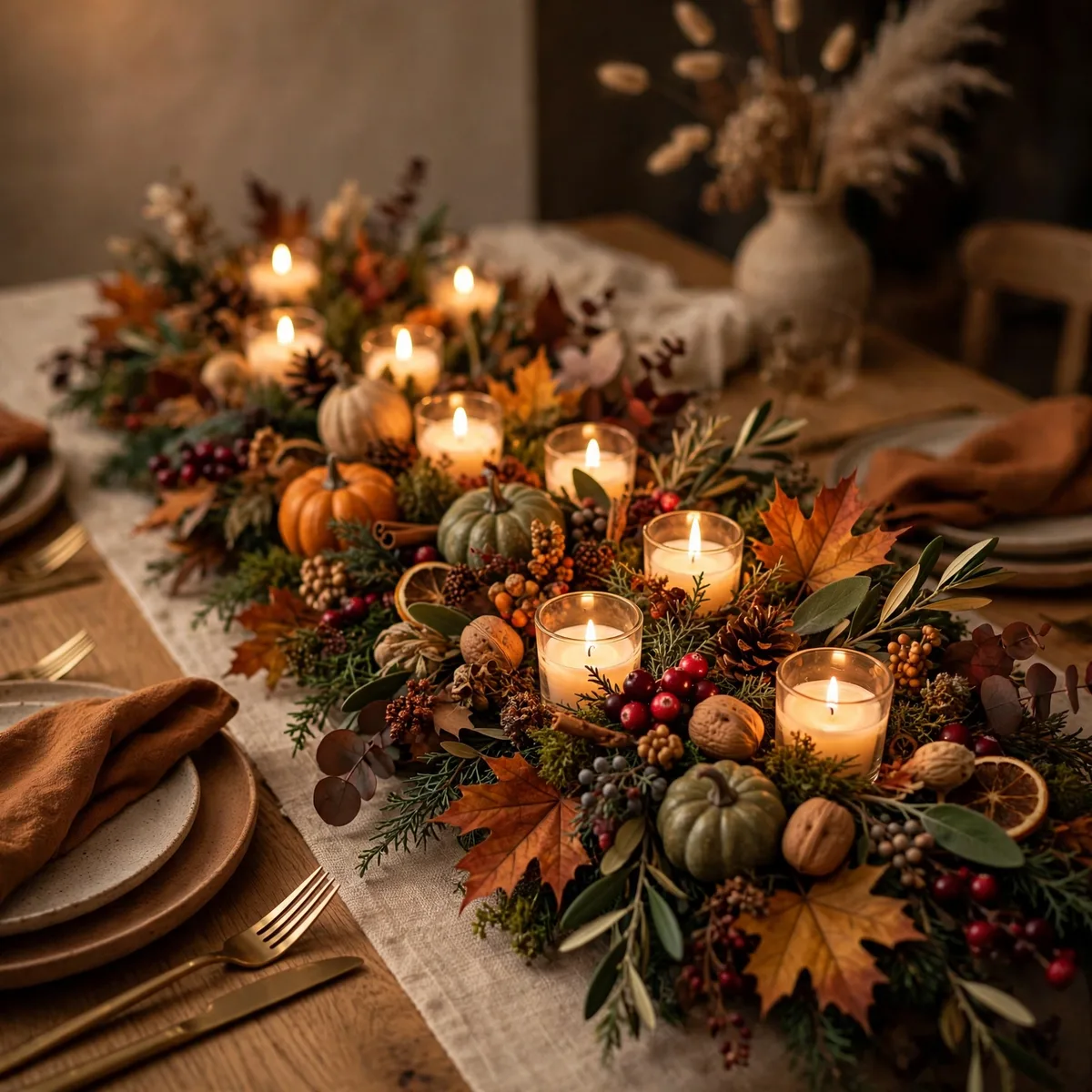 Candlelit garland table centerpiece for Thanksgiving garland ideas