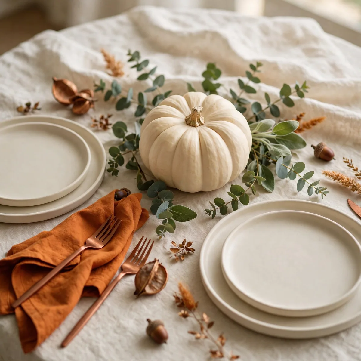 Modern Thanksgiving Decor: 12 Fresh Ideas for a Warm and Current Holiday 2 modern thanksgiving decor - Minimalist modern Thanksgiving tablescape with white pumpkin centerpiece on cream linen