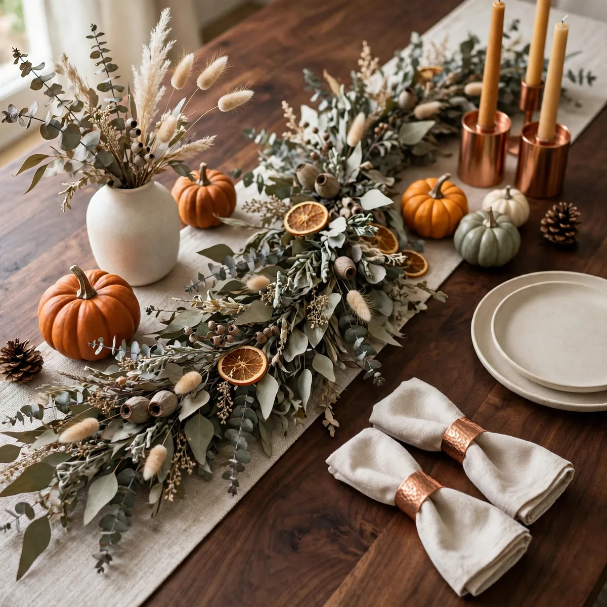 Modern Thanksgiving Decor: 12 Fresh Ideas for a Warm and Current Holiday 3 modern thanksgiving decor - Sleek dried eucalyptus garland runner on a dark walnut dining table for modern Thanksgiving