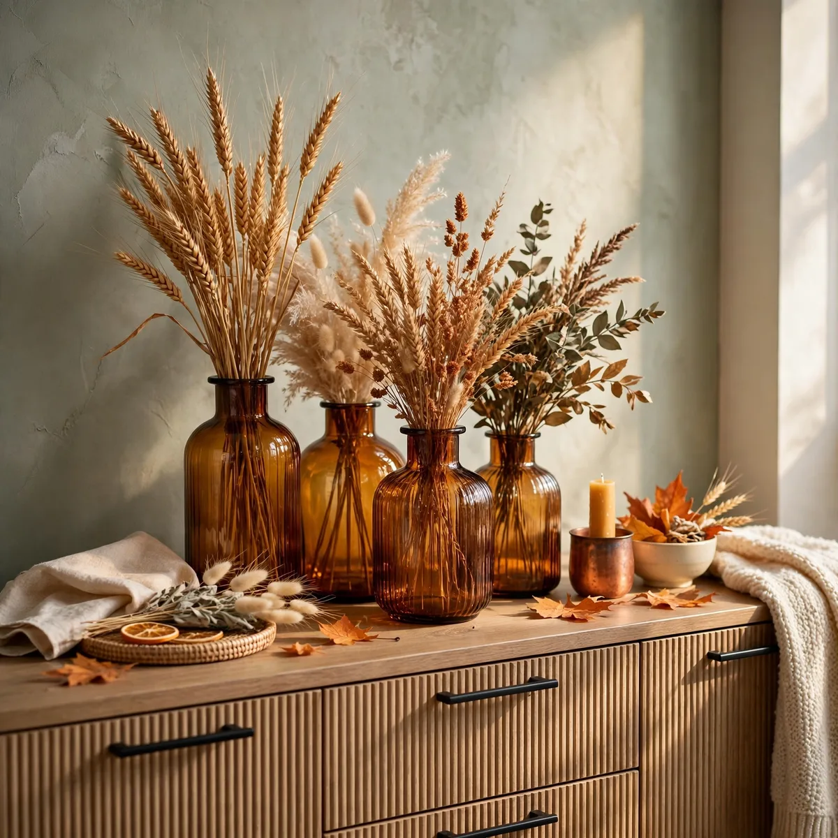 Modern Thanksgiving Decor: 12 Fresh Ideas for a Warm and Current Holiday 4 modern thanksgiving decor - Cluster of amber glass vases with dried grasses on a modern sideboard for Thanksgiving