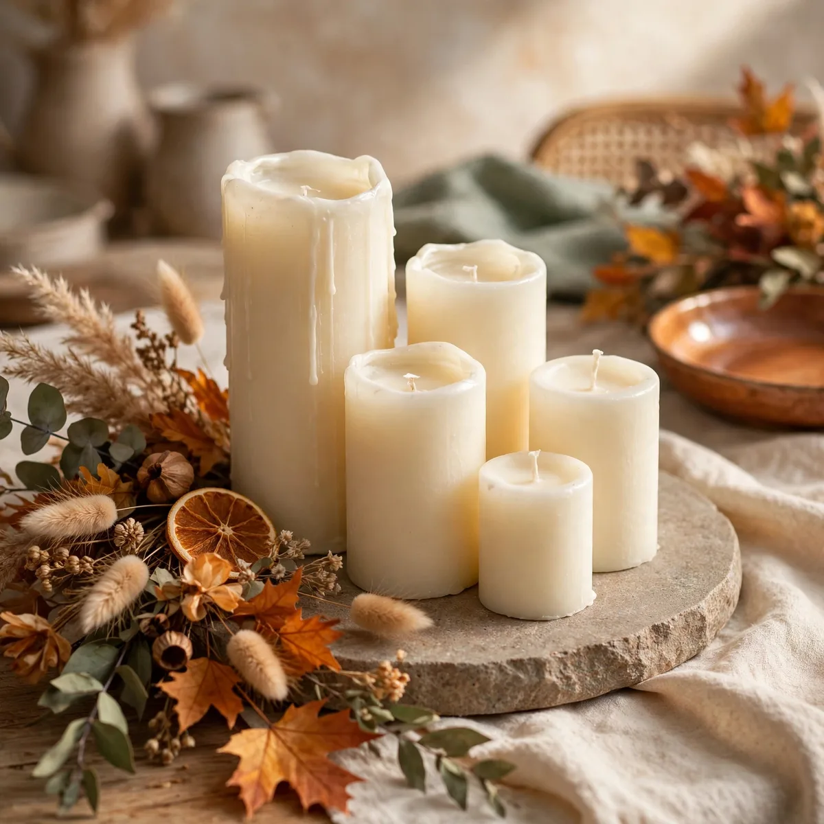 Modern Thanksgiving Decor: 12 Fresh Ideas for a Warm and Current Holiday 5 modern thanksgiving decor - Modern ivory pillar candle cluster on a round stone tray for Thanksgiving decor