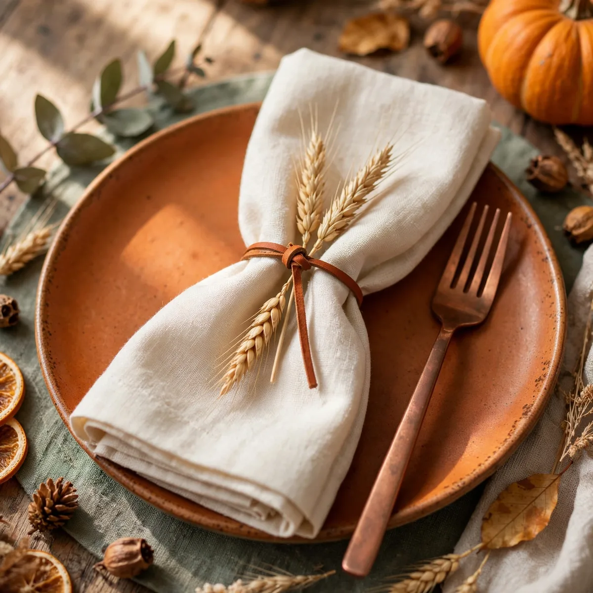Modern Thanksgiving Decor: 12 Fresh Ideas for a Warm and Current Holiday 6 modern thanksgiving decor - Cream linen napkins tied with leather cords and wheat sprigs, modern Thanksgiving place setting d