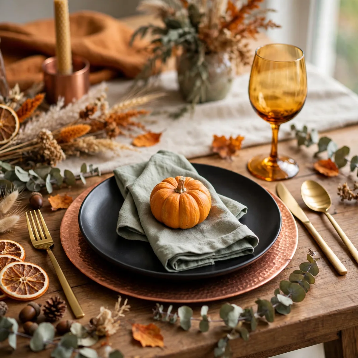 Modern Thanksgiving Decor: 12 Fresh Ideas for a Warm and Current Holiday 7 modern thanksgiving decor - Modern black and gold Thanksgiving place setting with amber glass and small pumpkin