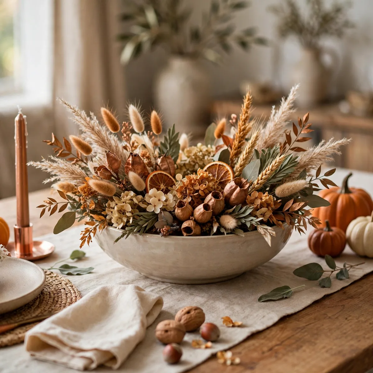 Modern Thanksgiving Decor: 12 Fresh Ideas for a Warm and Current Holiday 8 modern thanksgiving decor - Low dried floral centerpiece in a wide ceramic bowl in beige and rust tones
