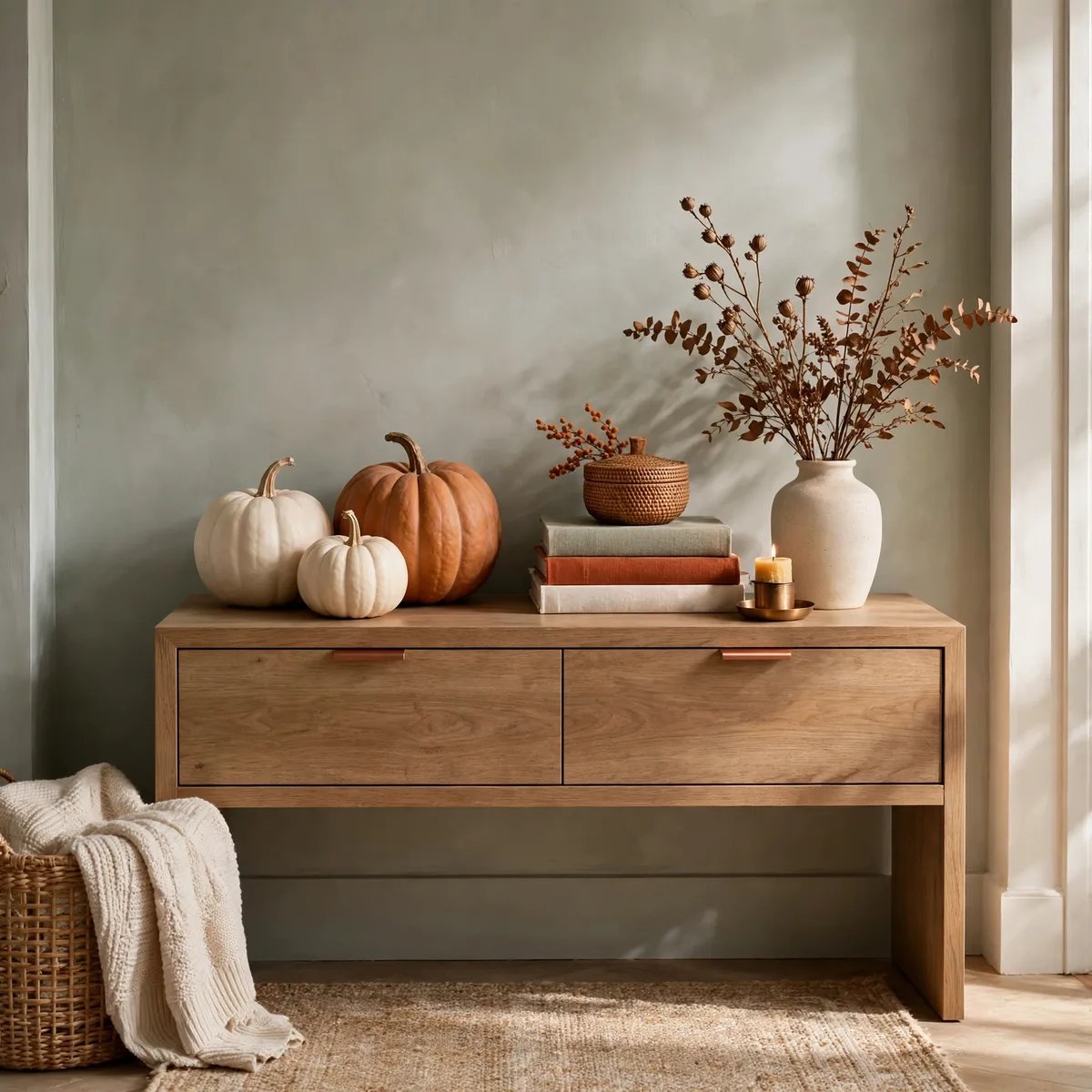Modern Thanksgiving Decor: 12 Fresh Ideas for a Warm and Current Holiday 9 modern thanksgiving decor - Modern entryway console with white and terracotta pumpkins, books, and dried stems