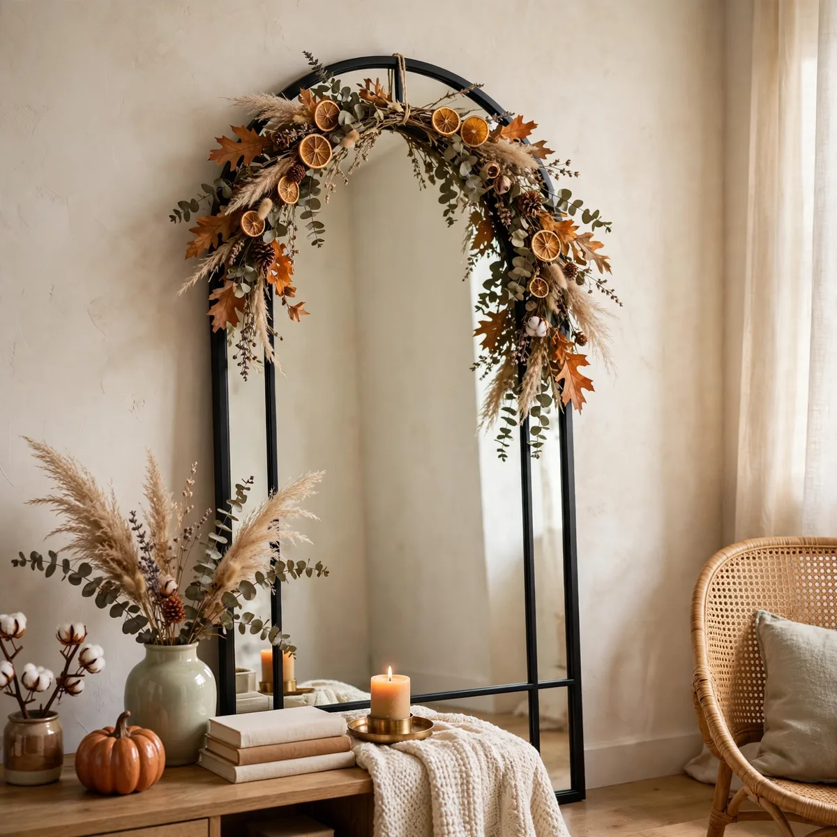 Modern Thanksgiving Decor: 12 Fresh Ideas for a Warm and Current Holiday 10 modern thanksgiving decor - Arched black mirror with a simple dried fall wreath in a modern living room